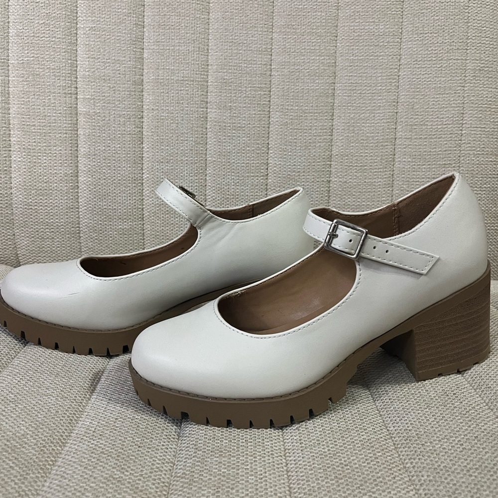 Soda Beige and Brown Chunky Heel Mary Jane Shoes